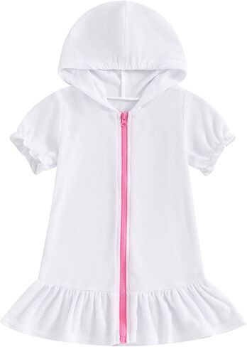 Girls Hooded Terry Cover Up Swimsuit Zipper Swim Dress Short Sleeve Ruffle Coverups Bathing Suit Swimwear in Saudi Arabia