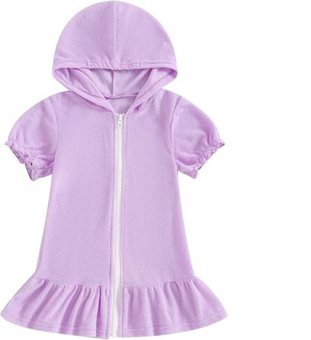 Girls Hooded Terry Cover Up Swimsuit Zipper Swim Dress Short Sleeve Ruffle Coverups Bathing Suit Swimwear in Saudi Arabia