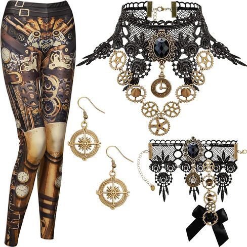 Hicarer Steampunk Retro Leggings Vintage Lace Gothic Lolita Choker Necklace Bracelet Earrings Set for Women Cosplay Halloween in Saudi Arabia