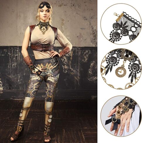 Hicarer Steampunk Retro Leggings Vintage Lace Gothic Lolita Choker Necklace Bracelet Earrings Set for Women Cosplay Halloween in Saudi Arabia