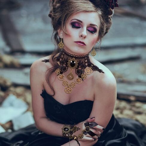 Hicarer Steampunk Retro Leggings Vintage Lace Gothic Lolita Choker Necklace Bracelet Earrings Set for Women Cosplay Halloween in Saudi Arabia
