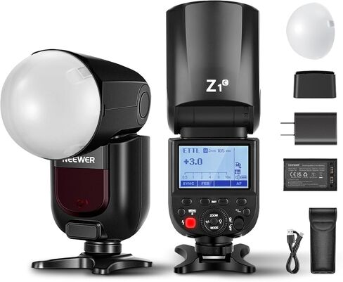 NEEWER Z1-N TTL Round Head Flash Speedlite for Nikon with Magnetic Dome Diffuser, 76Ws 2.4G 1/8000s HSS Speedlight, 10 Levels LED Modeling Lamp, 2600mAh Battery, 480 Full Power Shots, 1.5s Recycling in Kuwait