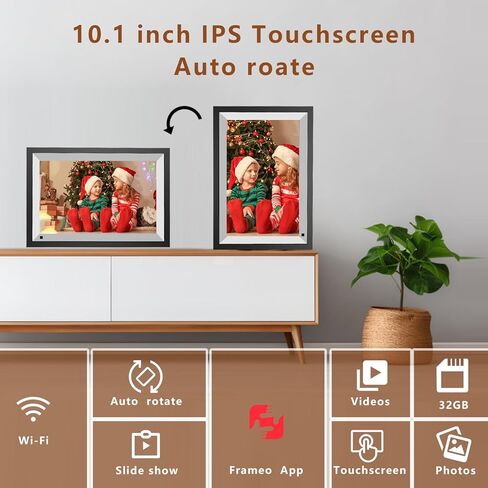 إطار صورة رقمي، إطار صور رقمي واي فاي 10.1 بوصة 32 جيجابايت، شاشة لمس 1280*800 IPS، عرض شرائح إطار الصورة الإلكتروني الذكي، تحميل فيديو الصور من الهاتف عبر تطبيق Frameo، تدوير، هدية VNEIMQN in Kuwait