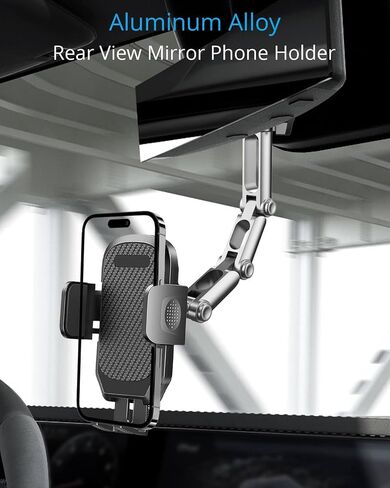 Quyee Phone Holder Car, Rear View Mirror Phone Holder - Aluminum Alloy Mount Multi-Angle Adjustment Rotatable and Retractable Compatible with All 4-7 Inch iPhone and Android Cell Phones in Kuwait