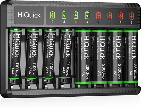 HiQuick Rechargeable AA Batteries with Charger, 8 Bay Smart Battery Charger for AA/AAA Ni-MH/NiCD Rechargeable Batteries with 1.2V Ni-MH Low Self Discharge & Pre-Charged 2800Mah AA Batteries(16 Pack) in Kuwait