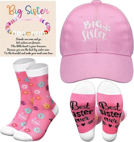 3 Pcs Big Sister Big Brother Gifts for Girls Boys Big Sister Bracelet Big Brother Baseball Caps and Sock for Gift in Saudi Arabia