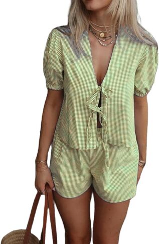 Women 2 Piece Casual Lounge Sets Y2k Puff Sleeve Peplum Shirt Tie Front Tee Shirt Shorts 2pcs Pajamas Sets in Kuwait