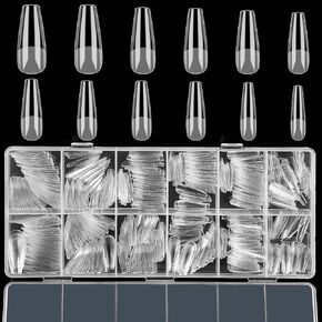 FEBSNOW 600 Pcs Long Coffin Fake Gel Nail Tips Full Cover Clear Acrylic False Ballerina Press On Nails for Nail Extension Home DIY Nail Salon,12 Size