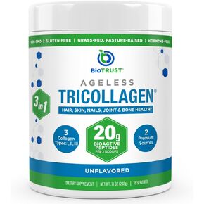 BioTrust Tri Collagen Powder - 3-in-1 Hydrolyzed Collagen Peptides Powder (Types I, II, & III) - Grass Fed Collagen Protein Powder for Anti Aging, Skin, Hair, Bone & Joint Health - Unflavored, 7 Oz.
