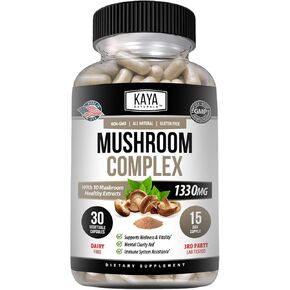 Kaya Naturals Premium Mushroom Complex Potent | Organic Mushroom Supplement| Mushroom Complex Capsules 1995mg Per Serving - Aids Mental Clarity Supports Immune System, Wellness & Vitality | 30 Count