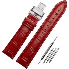 Watch Bands Genuine Leather Embossed Alligator Grain Calfskin Deployment Buckle Replacement Strap for Women Men Bracelet Men's and Women's Watch Straps 14mm to 24mm
