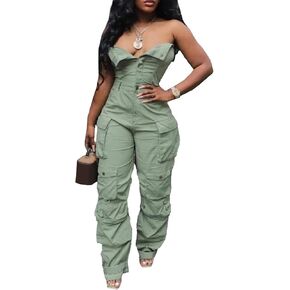 LKOUS Casual Cargo Denim Jumpsuit for Women, Elastic Stretch Multi Pockets Button Down Straight Leg Jeans Jumpsuits