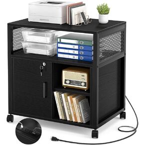 Unikito Lateral File Cabinet, Locking Office Filing Cabinets with Socket and USB Charging Port, Modern Rolling Printer Stand with Storage for A4, Letter Size and File Folders, Black