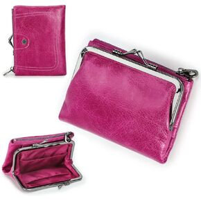 Contacts Womens Kiss Lock Wallet Leather Small Zipper Coin Pocket for Women Blue Bifold Rfid Clasp Purse Card Holder with Photo Window