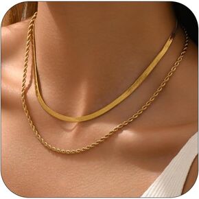 18K Gold Plated Layered Herringbone Necklaces for Women Dainty Layering Beaded Snake Chain Choker Moon Coin Pendant Necklace Trendy Stainless Steel Jewelry