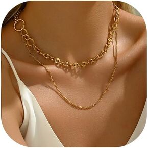 18K Gold Plated Layered Herringbone Necklaces for Women Dainty Layering Beaded Snake Chain Choker Moon Coin Pendant Necklace Trendy Stainless Steel Jewelry