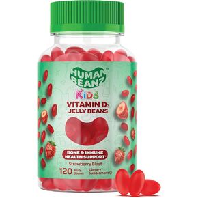 Human Beanz Vitamin D3 Jelly Bean Gummies for Kids, 25mcg/1000 IU Vitamin D, Nutritional Vegetarian Supplements, 120 Strawberry Blast Jelly Beans, Kosher