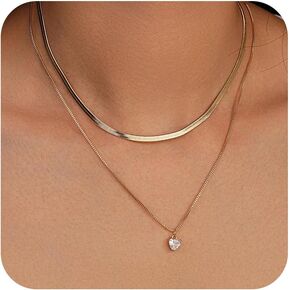 Jewlpire Stylish Minimalist 14K Plated Gold Layered Necklaces for Women, Herringbone Chain Paperclip Chain with Toggle, Butterfly, CZ Heart Pendant Necklace for Women Trendy