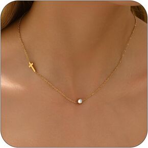 Sideways Cross Necklace for Women 18K Dainty Gold Birthstone Cross Choker Necklace Adjustable Stainless Steel Religious Faith Jewelry