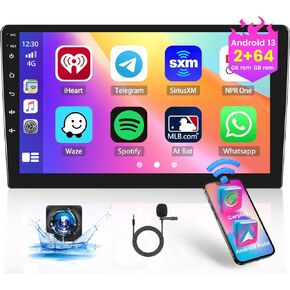 2GB+64GB Hikity 10.1 inch Android Double Din Car Stereo Apple Carplay Android Auto, Android 13 Touchscreen Car Radio with GPS Navigation Bluetooth WiFi FM USB SWC Backup Camera Mic