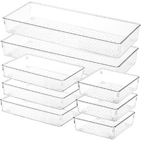 Voova 6 Pack Plastic Drawer Organizers Set,3-Size Kitchen and Office Desk Drawer Organizer Trays, Acrylic Non Slip Storage Bin Divider for Makeup,Jewelry,Gadgets Utensils,Bedroom,Bathroom Vanity,Clear