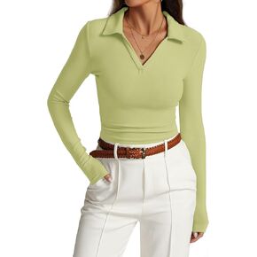 Womens Long Sleeve Polo Shirts Collared V Neck Slim Fitted Casual Basic Ruched Tops T Shirts 2024 Fall Trendy
