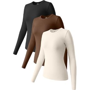 OQQ Womens 3 Piece Long Sleeve Tops Crew Neck Stretch Fitted Underscrubs Layer Tee Shirts Tops Black Tea Leaf White