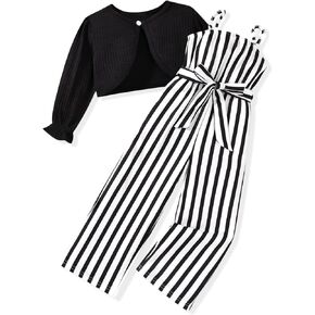HINTINA Toddler Little Girl 2 Piece Outfits Long Sleeve Ribbed Knitted Cardigan And Sleeveless Jumpsuit