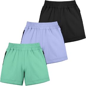 BIG ELEPHANT 3 Packs Girls Athletic Shorts with Liner, Quick Dry Soccer Bike Kids Shorts with Zip Pockets