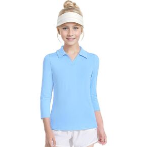 Auranso Girls 3/4 Long Sleeve Uniform Polo T-Shirts V-Neck Golf Shirt Quick-Dry Workout Tops