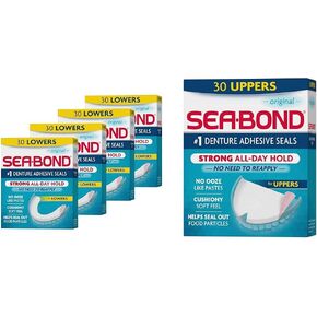 Sea Bond Secure Denture Adhesive Seals, Original Lowers, Zinc-Free, All-Day-Hold, Mess-Free, 30 Count (Pack of 4) & Secure Denture Adhesive Seals, Fresh Mint Lowers