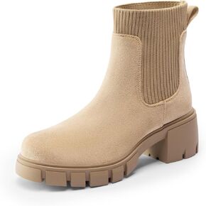 DREAM PAIRS Women's Elastic Chelsea Ankle Booties Fashion Lug Sole Platform Chunky Heel Slip on Fall Heeled Short Boots Shoes