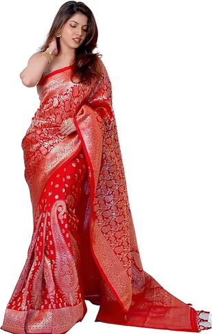 KNETLI Banarasi ساري حريري للنساء ساري عمل زاري تقليدي للنساء مع بلوزة غير مخيطة in Kuwait