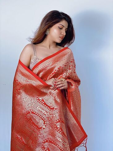 KNETLI Banarasi ساري حريري للنساء ساري عمل زاري تقليدي للنساء مع بلوزة غير مخيطة in Kuwait