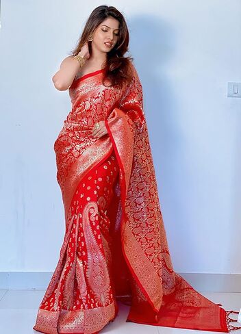 KNETLI Banarasi ساري حريري للنساء ساري عمل زاري تقليدي للنساء مع بلوزة غير مخيطة in Kuwait