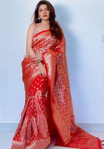 KNETLI Banarasi ساري حريري للنساء ساري عمل زاري تقليدي للنساء مع بلوزة غير مخيطة in Kuwait