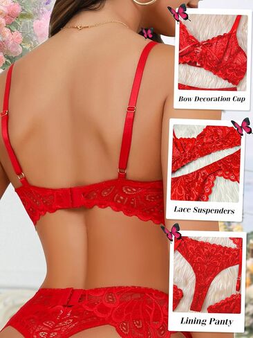 Sexy Lingerie for Women,3 Piece Lace Lingerie Set Bra and Panty Sets with Garter Belt Babydoll Teddy Lingerie in Kuwait