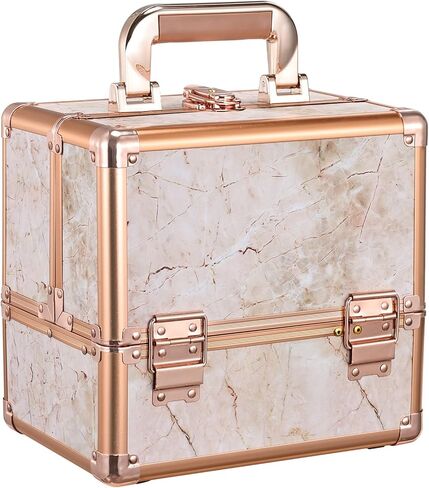 Costravio Makeup Train Case Rose Gold Cosmetic Box with Mirror & Brush Holder Home or Travel Organizer for Make-up and Jewelry Storage Box with 3-Tier Tackle Trays Portable Lockable Golden Marble in Kuwait