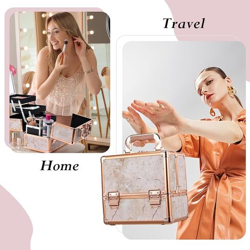 Costravio Makeup Train Case Rose Gold Cosmetic Box with Mirror & Brush Holder Home or Travel Organizer for Make-up and Jewelry Storage Box with 3-Tier Tackle Trays Portable Lockable Golden Marble in Kuwait