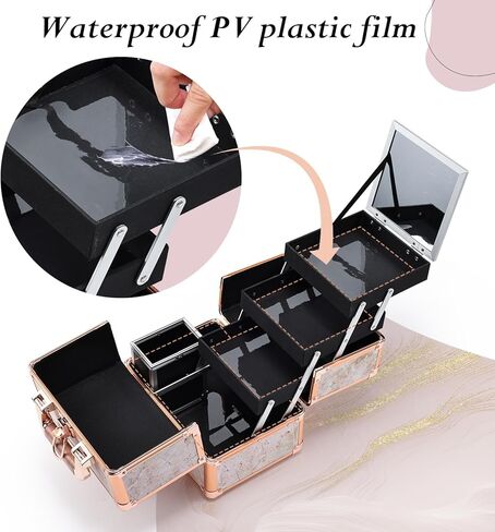Costravio Makeup Train Case Rose Gold Cosmetic Box with Mirror & Brush Holder Home or Travel Organizer for Make-up and Jewelry Storage Box with 3-Tier Tackle Trays Portable Lockable Golden Marble in Kuwait