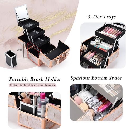 Costravio Makeup Train Case Rose Gold Cosmetic Box with Mirror & Brush Holder Home or Travel Organizer for Make-up and Jewelry Storage Box with 3-Tier Tackle Trays Portable Lockable Golden Marble in Kuwait