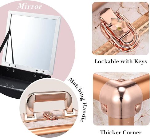 Costravio Makeup Train Case Rose Gold Cosmetic Box with Mirror & Brush Holder Home or Travel Organizer for Make-up and Jewelry Storage Box with 3-Tier Tackle Trays Portable Lockable Golden Marble in Kuwait