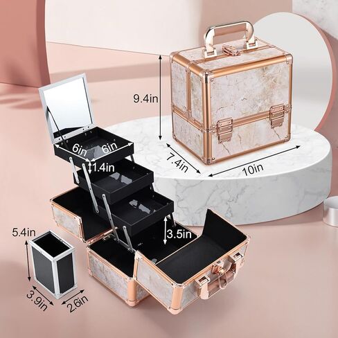 Costravio Makeup Train Case Rose Gold Cosmetic Box with Mirror & Brush Holder Home or Travel Organizer for Make-up and Jewelry Storage Box with 3-Tier Tackle Trays Portable Lockable Golden Marble in Kuwait