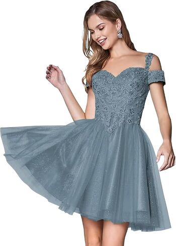 Lace Appliques Short Homecoming Dresses 2024 Cold Shoulder Glitter Tulle Cocktail Gowns in Saudi Arabia