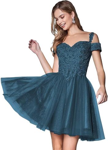 Lace Appliques Short Homecoming Dresses 2024 Cold Shoulder Glitter Tulle Cocktail Gowns in Saudi Arabia