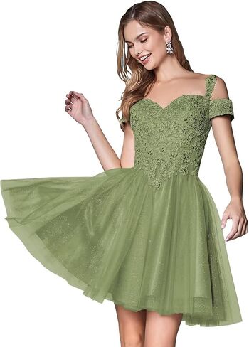Lace Appliques Short Homecoming Dresses 2024 Cold Shoulder Glitter Tulle Cocktail Gowns in Saudi Arabia