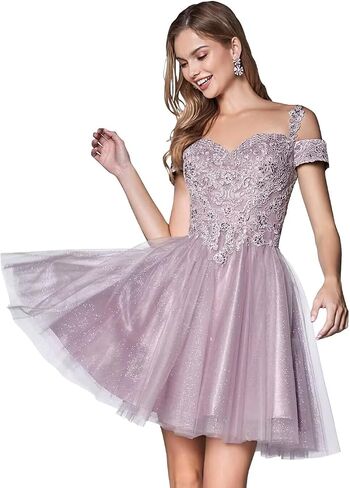 Lace Appliques Short Homecoming Dresses 2024 Cold Shoulder Glitter Tulle Cocktail Gowns in Saudi Arabia