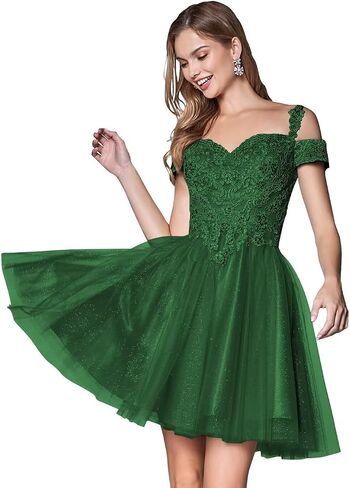 Lace Appliques Short Homecoming Dresses 2024 Cold Shoulder Glitter Tulle Cocktail Gowns in Saudi Arabia