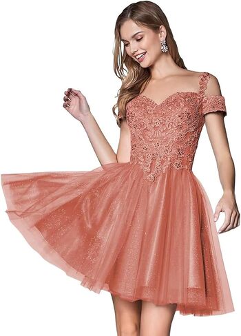 Lace Appliques Short Homecoming Dresses 2024 Cold Shoulder Glitter Tulle Cocktail Gowns in Saudi Arabia
