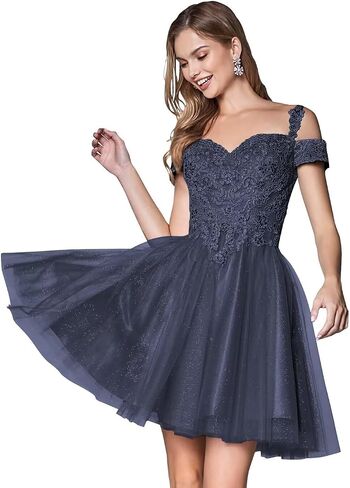 Lace Appliques Short Homecoming Dresses 2024 Cold Shoulder Glitter Tulle Cocktail Gowns in Saudi Arabia